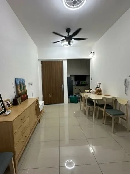 Living features: white painted walls, glossy ceramic tile flooring, 5-blade ceiling fan with light, wooden sideboard, dining table with 4 chairs, door leading to kitchen, wall-mounted intercom, decorative artwork, green bucket in kitchen area; style: modern.