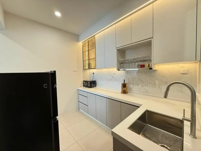 Kitchen features: white quartz countertop, grey flat-panel cabinets, stainless-steel sink, chrome pull-down faucet, built-in microwave, black refrigerator, glass-front upper cabinets, marble backsplash, recessed LED downlights, tile flooring; style: modern.