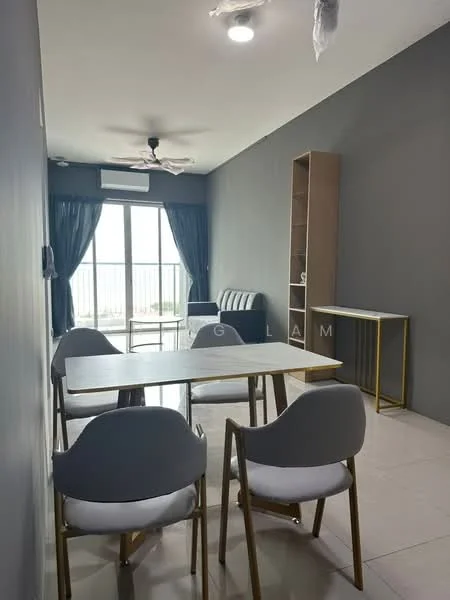 Living features: grey painted walls, white ceiling, 5-blade ceiling fan with light, floor-to-ceiling windows, sliding glass door, sheer curtains, dining table with white surface, 4 upholstered dining chairs with gold legs, wooden shelving unit, tile flooring, sofa in black and white stripes, area rug; style: modern; view: city.