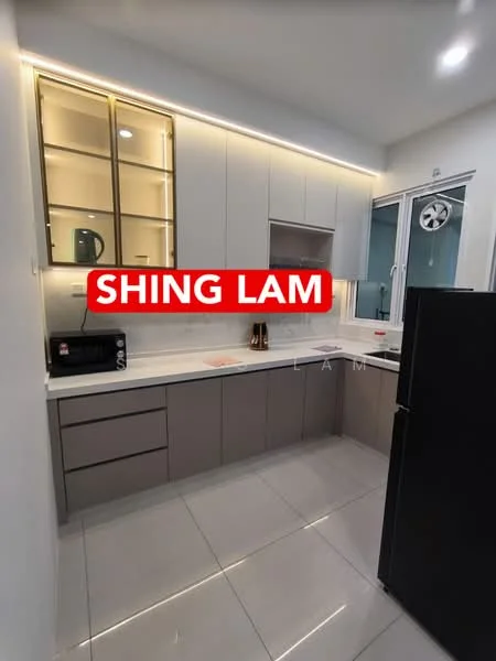 Kitchen features: white quartz countertop, light grey cabinetry, gold accent cabinet doors, built-in oven, stainless-steel fridge, black microwave, single-bowl stainless-steel sink, chrome pull-down faucet, tile flooring, recessed LED downlights, floor-to-ceiling windows, sliding glass door; style: modern.