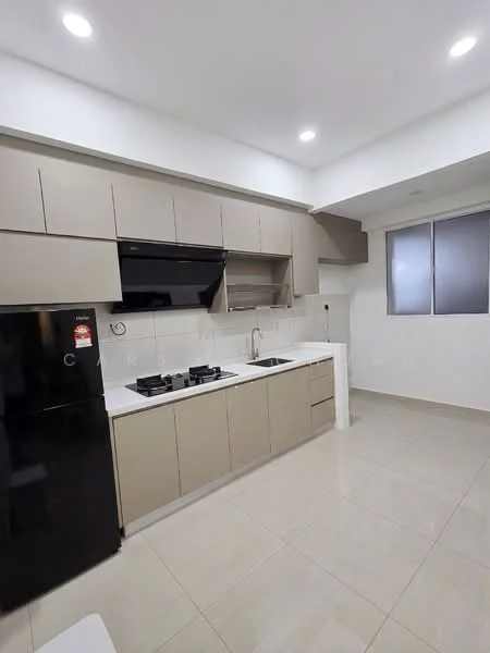 Kitchen features: black fridge, built-in oven, 4-burner gas hob, stainless-steel sink, chrome pull-down faucet, white quartz countertop, light beige cabinetry, tile backsplash, recessed LED downlights, window with sheer curtains, cream tiled flooring; style: modern.