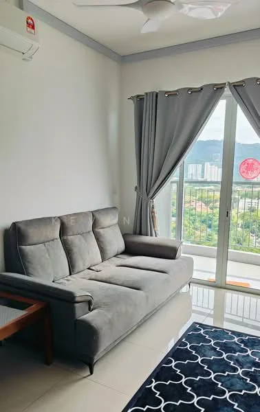 Living features: 3-seater fabric sofa in grey, floor-to-ceiling sliding glass door, curtains in grey, ceiling fan, wall-mounted split AC, tile flooring, area rug with geometric pattern, coffee table; style: modern; view: city.