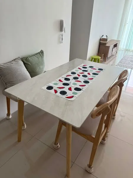 Dining features: marble dining table, 4 dining chairs, table runner with colorful pattern, light-colored walls, neutral flooring, decorative wall shelf, cushioned seating, natural light from window; style: modern.