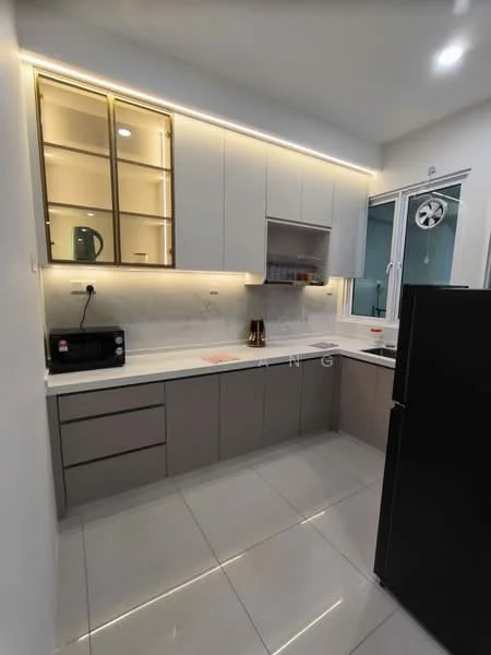 Kitchen features: white cabinetry with glass-front upper cabinets, grey lower cabinetry, marble backsplash, white countertop, built-in microwave, black refrigerator, single-bowl stainless-steel sink, chrome pull-down faucet, recessed LED downlights, floor-to-ceiling window, sliding glass door, tile flooring; style: modern.