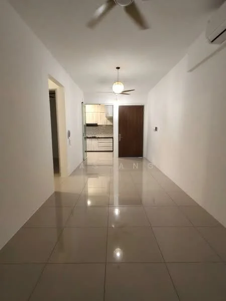 Room features: white painted walls, glossy tile flooring, ceiling fan, wall-mounted split AC, door leading to another room, open layout, recessed lighting, kitchen area visible in background; style: modern.