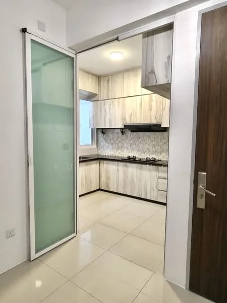 Kitchen features: white and grey wood grain cabinetry, black countertop, white tiled backsplash, built-in gas stove, exhaust hood, double-bowl stainless-steel sink, light-colored ceramic tile flooring, recessed ceiling lights, sliding glass door, window for natural light; style: modern.