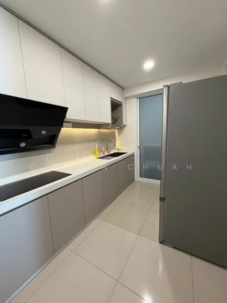 Kitchen features: white cabinetry, grey lower cabinets, stainless-steel sink, chrome pull-down faucet, built-in oven, stainless-steel range hood, ceramic tile backsplash, white quartz countertop, refrigerator, under-cabinet lighting, sliding glass door, polished tile flooring, recessed downlights; style: modern.