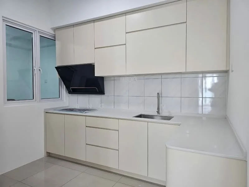 Kitchen features: white cabinetry with flat-panel doors, stainless-steel sink, chrome pull-down faucet, white countertop, white tile backsplash, built-in stove with black glass hood, window above sink, grey floor tiles, under-cabinet lighting; style: modern.