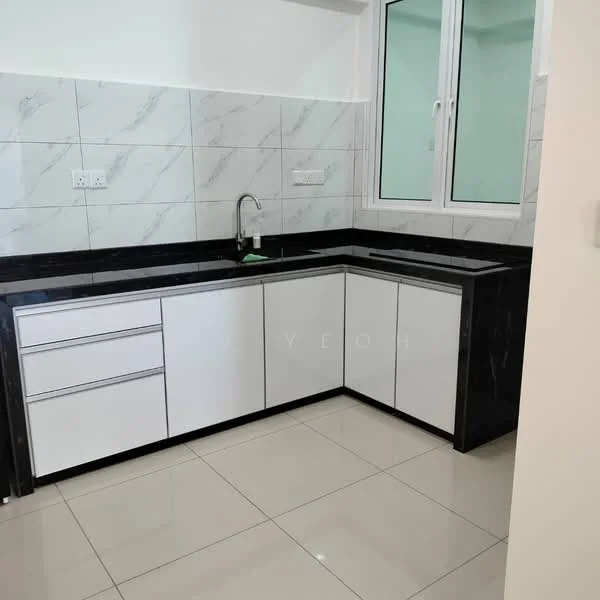 Kitchen features: white cabinetry with flat-panel doors, black countertop, single-bowl stainless-steel sink, chrome pull-down faucet, white tiled backsplash with marble pattern, ceramic tile flooring, window with white frame, built-in storage drawers; style: modern.