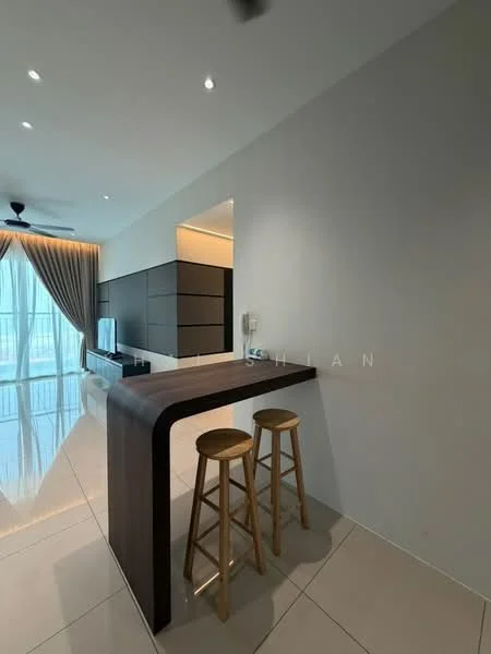 Kitchen features: bar counter with two wooden stools, white painted walls, glossy tile flooring, recessed downlights, floor-to-ceiling windows with sheer curtains, built-in cabinetry, open layout, ceiling fan; style: modern; view: city.