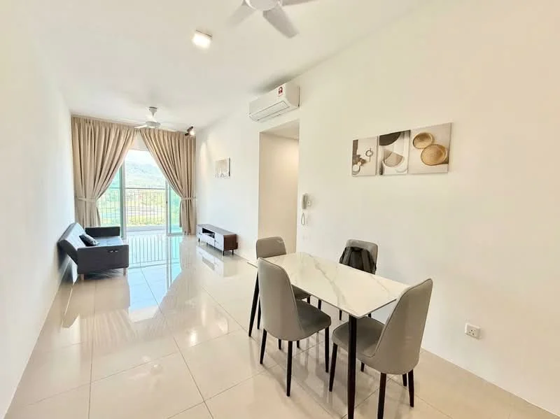 Dining features: white dining table, 4 grey upholstered dining chairs, floor-to-ceiling windows, curtains, wall-mounted air conditioning unit, light-colored walls, glossy tile flooring, ceiling fan, decorative wall art, sofa in living area visible, TV console in living area visible; style: modern; view: city.