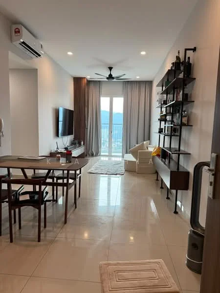 Living features: floor-to-ceiling windows, sliding glass door, white painted walls, recessed downlights, 5-blade ceiling fan, wall-mounted TV, wooden TV console, cream fabric sofa, dining table with 4 chairs, area rug, decorative shelving unit, curtains, tile flooring; style: modern; view: mountain.