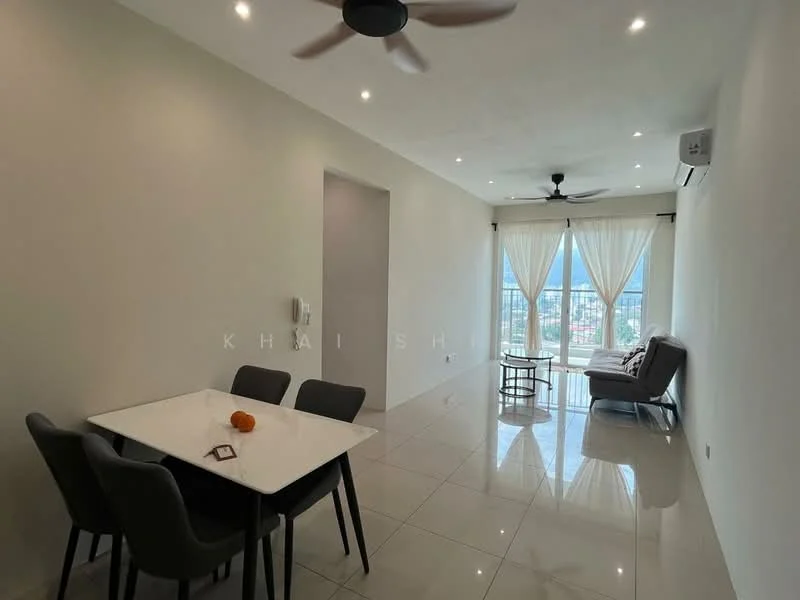 Living features: white painted walls, polished ceramic tile flooring, recessed downlights, 5-blade ceiling fan, floor-to-ceiling windows, sheer curtains, grey fabric sofa, glass coffee table, 4-seater dining table, upholstered dining chairs; style: modern; view: city.