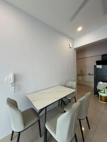 Dining features: marble dining table, 4 upholstered dining chairs in light grey, white painted walls, recessed ceiling lights, tile flooring, open layout to kitchen, wall-mounted intercom, ceiling fan; style: modern. Kitchen features: white cabinetry, stainless-steel fridge, built-in oven, countertop with backsplash, kitchen island, unknown appliances; style: modern.