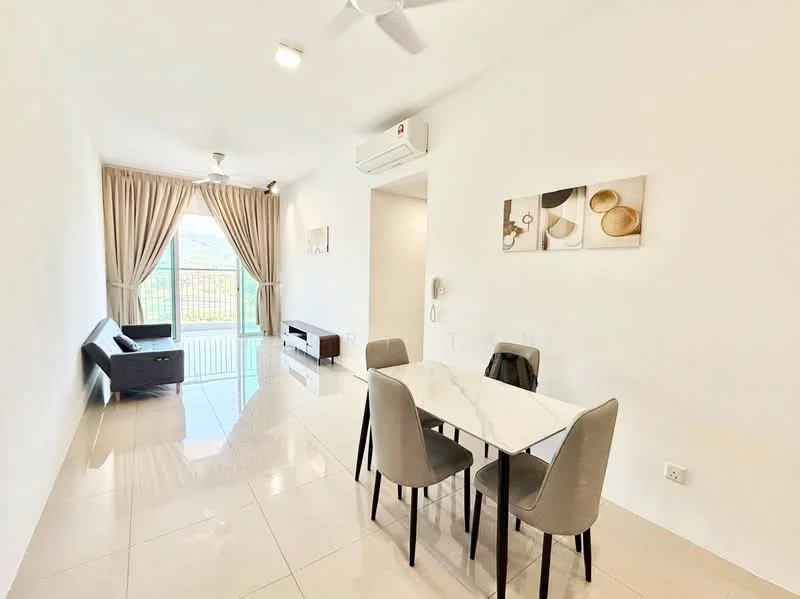 Dining features: white walls, glossy tile flooring, 5-blade ceiling fan with light, dining table with white top, 4 grey upholstered dining chairs, floor-to-ceiling windows, curtains, wall-mounted TV console, sofa in dark color, decorative artwork on wall; style: modern; view: city.