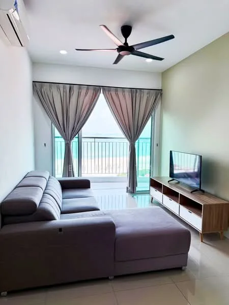 Living features: 3-seater fabric sofa in grey, ceiling fan with 3 blades, floor-to-ceiling windows, sheer curtains, TV console, wall-mounted TV, wooden TV cabinet, glossy tile flooring, green accent wall, sliding glass door; style: modern; view: sea.