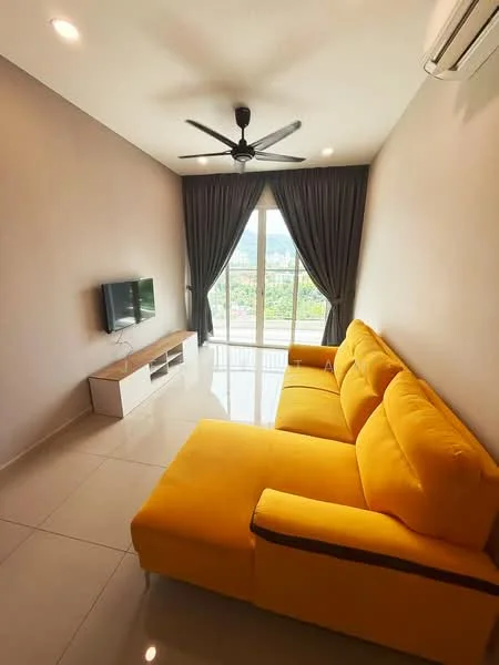 Living features: yellow fabric L-shape sectional sofa, wall-mounted TV, white TV console, floor-to-ceiling windows, grey curtains, recessed downlights, polished tile flooring, ceiling fan; style: modern; view: city.