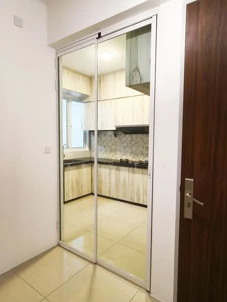 Kitchen features: mirrored sliding door, light wood cabinetry, black countertop, gas stove with multiple burners, tile backsplash with geometric pattern, stainless-steel range hood, window above sink, cream-colored floor tiles, recessed ceiling lights; style: modern.