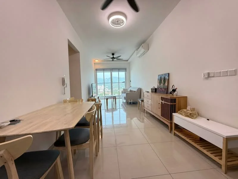 Living features: white painted walls, glossy tile flooring, 5-blade ceiling fan with light, sofa in light grey, wooden coffee table, TV console, wall-mounted TV, decorative artwork on wall, large windows with sheer curtains, dining table with 4 chairs, sideboard with storage; style: modern; view: city.