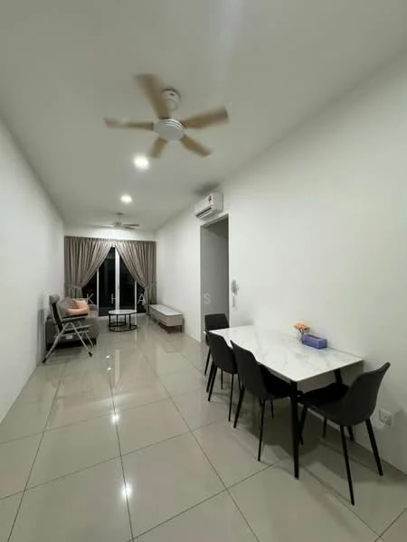 Living features: white painted walls, glossy ceramic tile flooring, 5-blade ceiling fan with light, recessed LED downlights, floor-to-ceiling windows, sliding glass door, sheer curtains, dining table with 6 chairs, sofa chair, coffee table, air conditioning unit; style: modern; view: garden.