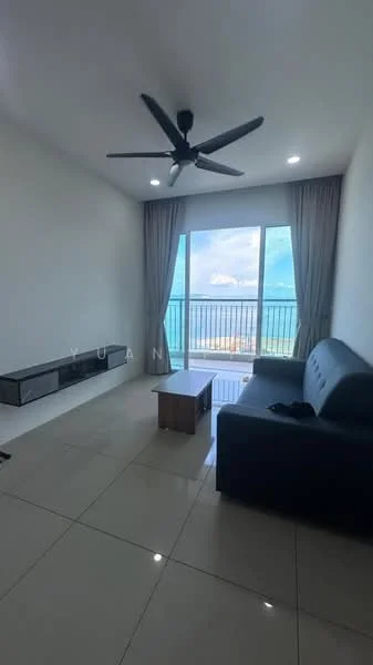 Living features: 3-seater fabric sofa in dark grey, coffee table, wall-mounted TV console, floor-to-ceiling windows, sliding glass door, curtains, ceiling fan with light, glossy tile flooring, ocean view; style: modern; view: sea.