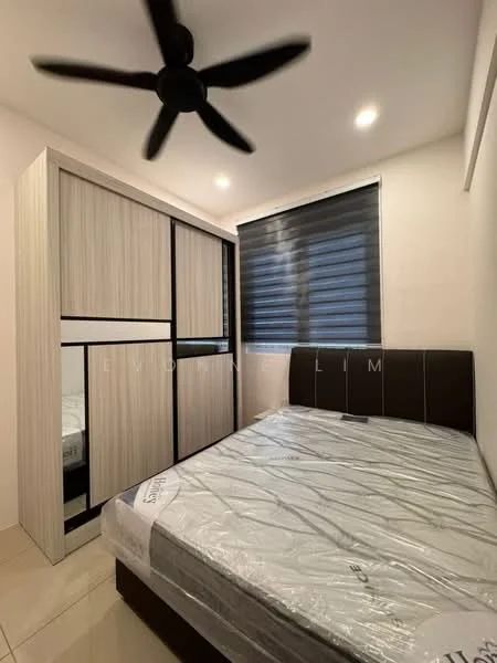 Bedroom features: queen-size bed, upholstered headboard, built-in wardrobe with sliding doors, blackout window blinds, ceiling fan, recessed LED downlights, cream tiled flooring, decorative wall paneling; style: modern.