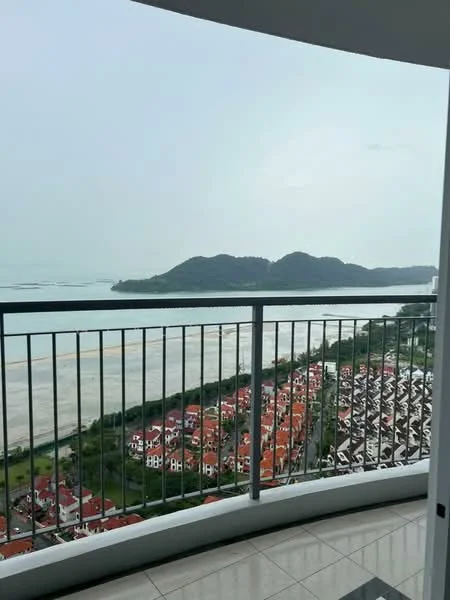 Room features: floor-to-ceiling windows, balcony with railing, ocean view, city view, tiled flooring, grey painted walls; style: modern; view: sea.