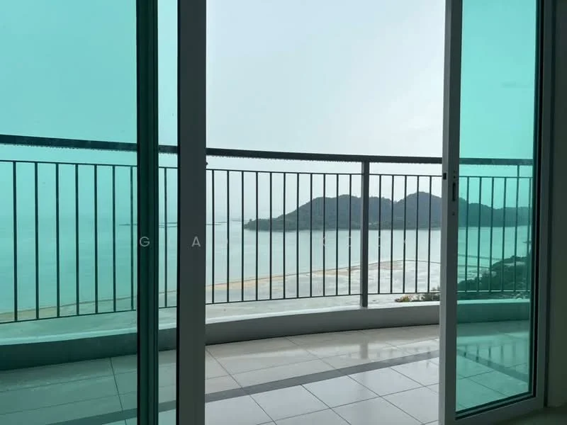 Room features: floor-to-ceiling sliding glass door, glass balcony railing, ocean view, mountain view, tiled flooring, open space, natural light; style: modern; view: sea.