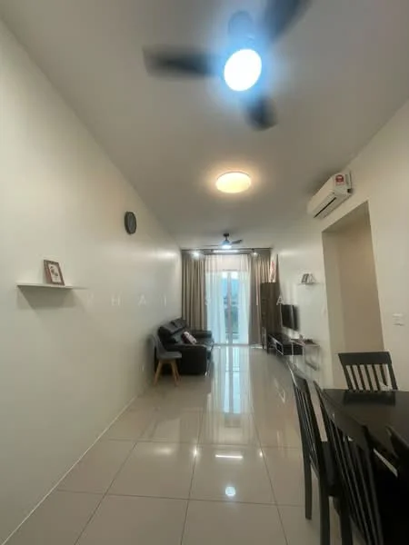 Living features: white painted walls, glossy tile flooring, 5-blade ceiling fan with light, recessed downlights, sofa in dark color, coffee table, TV console, wall-mounted TV, curtains, sliding glass door, dining table with chairs, air conditioning unit; style: modern.