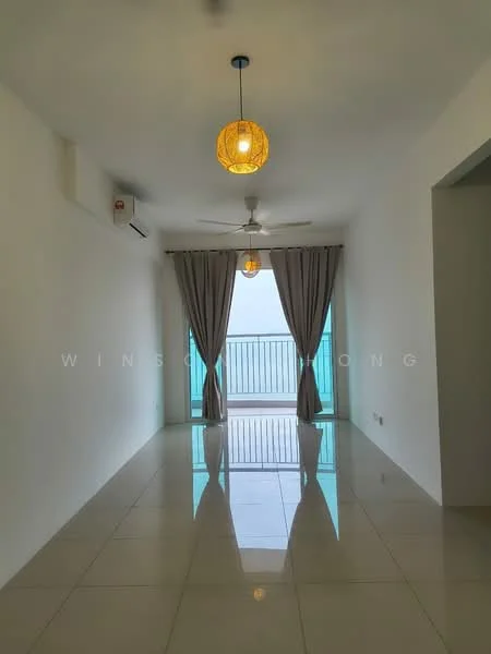 Living features: white painted walls, polished ceramic tile flooring, 5-blade ceiling fan with light, 2 pendant lamps, floor-to-ceiling windows, sliding glass door, sheer curtains, balcony view; style: modern; view: sea.