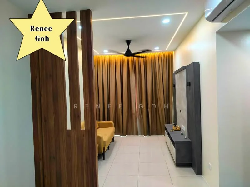 Living features: cream painted walls, white ceiling with recessed lighting, 5-blade ceiling fan, floor-to-ceiling curtains in brown, tile flooring, sofa in yellow, TV console in grey, decorative wall with stone cladding, wall-mounted TV, decorative items on console; style: modern.