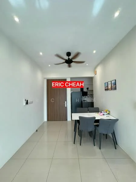Dining features: white painted walls, tile flooring, 5-blade ceiling fan, dining table with 4 grey chairs, recessed downlights, door leading to another room, decorative wall art, open layout; style: modern.