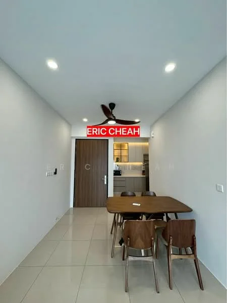 Dining features: dining table with four wooden chairs, white painted walls, recessed LED downlights, light-colored tile flooring, ceiling fan, doorway leading to kitchen, open layout, wall-mounted light switch; style: modern. Kitchen features: kitchen cabinetry, countertop, built-in appliances, unknown features; style: modern.