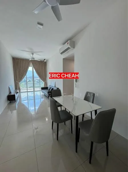 Dining features: white dining table, 4 upholstered dining chairs in grey, floor-to-ceiling windows, curtains, wall-mounted split AC, polished ceramic tile flooring, ceiling fan, light fixtures, neutral painted walls, TV console, sofa in living area visible; style: modern; view: city.