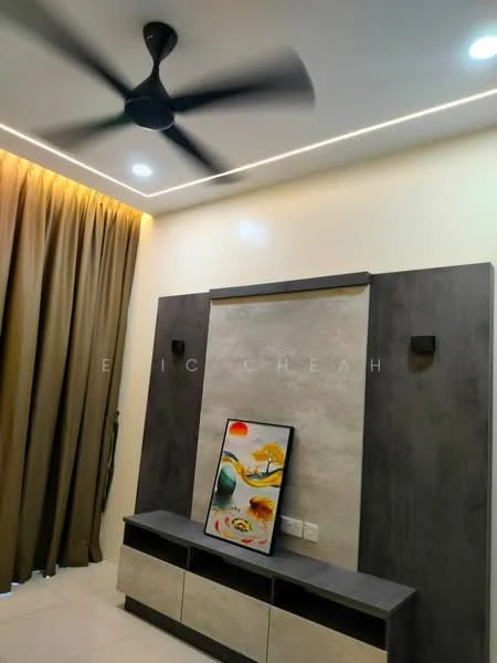 Living features: 5-blade ceiling fan in black, recessed LED downlights, cream painted walls, feature wall with stone cladding, built-in cabinetry in dark wood, floor-to-ceiling curtains in brown, decorative artwork on display, light-colored tile flooring; style: modern.