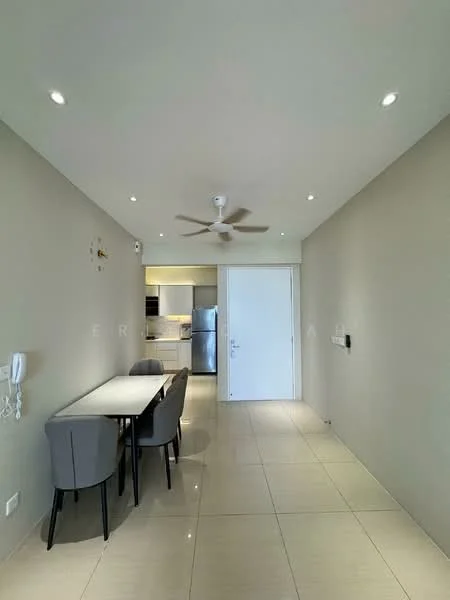 Dining features: 4-seater dining table, grey upholstered dining chairs, wall-mounted intercom, recessed LED downlights, cream painted walls, glossy tile flooring, ceiling fan, open layout to kitchen, doorway leading to hallway; style: modern. Kitchen features: white cabinetry, stainless-steel fridge, built-in oven, ceramic cooktop, countertop with backsplash, under-cabinet lighting; style: modern.