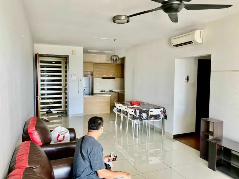 Living features: 3-seater leather sofa in brown, white walls, glossy tile flooring, 5-blade ceiling fan with light, wall-mounted air conditioning unit, dining table with 6 chairs, kitchen area visible in the background, sliding door leading to another room, decorative pendant light, open layout; style: modern. Kitchen features: wood cabinetry, stainless-steel sink, gas hob, built-in oven, refrigerator, countertop space, tile backsplash; style: modern.