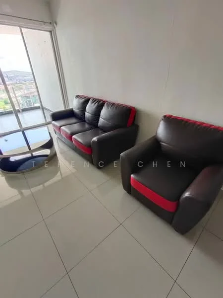 Living features: black leather sofa with red accents, 2-seater sofa, 1-seater armchair, glass coffee table, white tiled flooring, floor-to-ceiling windows, city view, neutral painted walls; style: modern; view: city.