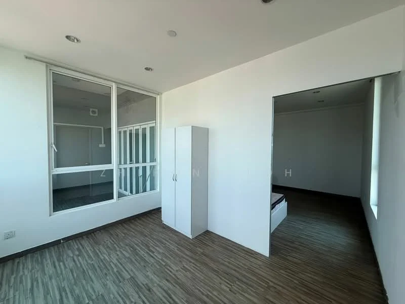 Room features: large windows, white painted walls, wooden flooring, built-in wardrobe, recessed ceiling lights, neutral color scheme, corner layout, open space; style: modern; view: city.