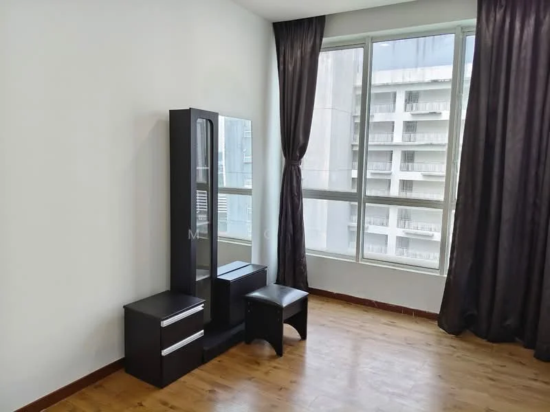 Bedroom features: light wood flooring, white painted walls, floor-to-ceiling windows, black dresser with mirror, black stool, dark curtains, natural light, view of adjacent building; style: modern; view: city.