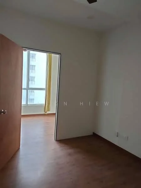 Room features: wooden flooring, white painted walls, floor-to-ceiling windows, yellow curtains, single door, ceiling fan.
