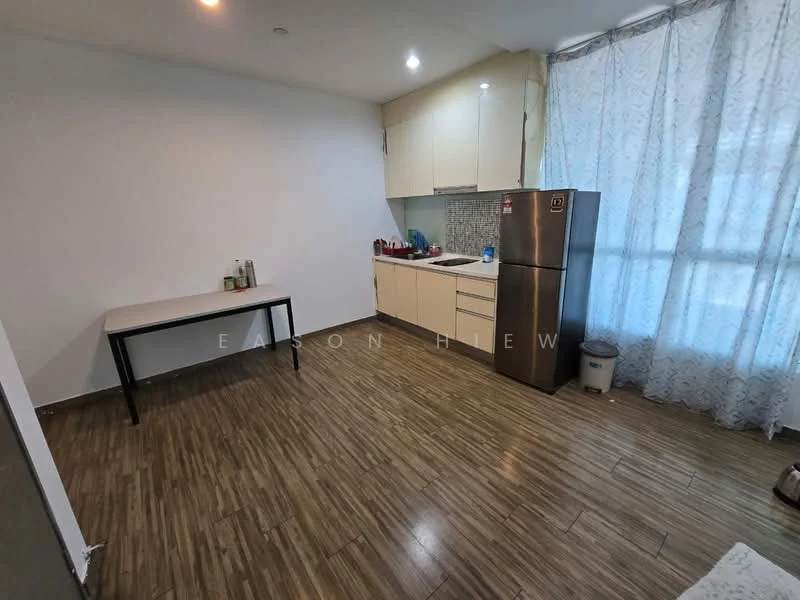 Kitchen features: laminate wood flooring, white painted walls, ceiling lights, kitchen cabinets with light wood finish, stainless-steel fridge, single-bowl stainless-steel sink, chrome pull-down faucet, countertop with backsplash, window with sheer curtains, table with black legs, open space layout; style: modern.