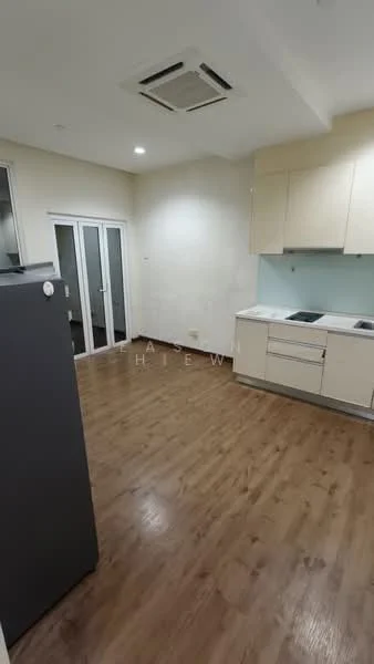 Kitchen features: laminate flooring, white painted walls, ceiling with recessed downlights, single-bowl stainless-steel sink, chrome pull-down faucet, white cabinetry with flat-panel doors, built-in stove, built-in oven, fridge, countertop with light-colored surface, sliding glass door leading to outdoor area; style: modern.