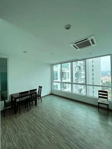 Room features: large floor-to-ceiling windows, white painted walls, wooden flooring, 1 wall-mounted split AC, dining table with 4 chairs, 2 additional chairs, recessed ceiling lights; style: modern; view: city.