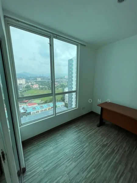 Room features: large floor-to-ceiling windows, wood-like laminate flooring, white painted walls, single window treatment, desk or table, city view, natural light, minimalist decor; style: modern; view: city.