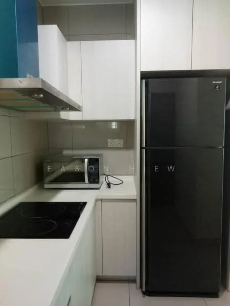 Kitchen features: white cabinetry, black refrigerator, built-in microwave, ceramic cooktop, stainless-steel range hood, white countertop, grey tiled backsplash, light grey wall tiles, under-cabinet lighting; style: modern.