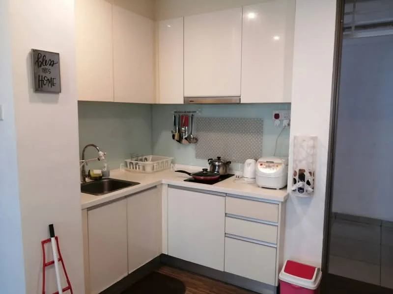 Kitchen features: white cabinetry, stainless-steel sink, chrome pull-down faucet, glass backsplash, built-in oven, freestanding rice cooker, freestanding kettle, cookware on stove, countertop with cutting board, floor mat, wall-mounted utensil rack, open shelving, white walls, wood laminate flooring; style: modern.