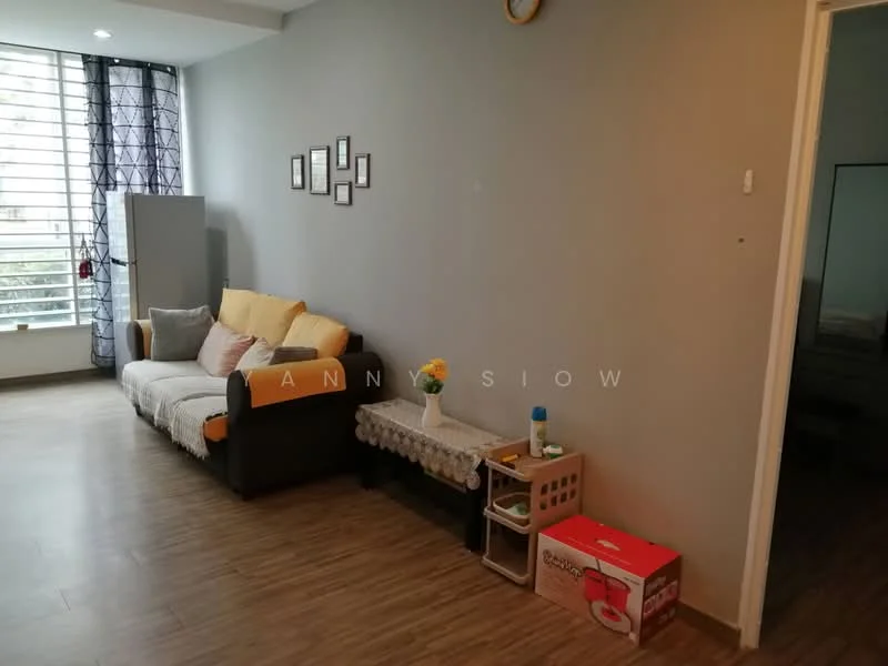 Living features: grey painted walls, laminate flooring, sofa with yellow and grey cushions, coffee table, wall-mounted clock, framed artwork on wall, window with sheer curtains, storage basket, red box on floor; style: modern.