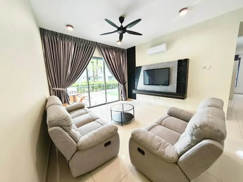 Living features: 2-seater fabric recliner sofa in grey, coffee table, wall-mounted TV, TV console, floor-to-ceiling windows, sheer curtains, blackout curtains, 5-blade ceiling fan with light, recessed downlights, cream painted walls, glossy tile flooring, access to outdoor space; style: modern; view: garden.