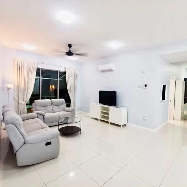 Living features: 3-seater fabric sofa in light grey, 2-seater fabric sofa in light grey, round coffee table, wall-mounted TV, white TV console, floor-to-ceiling windows, sheer curtains, ceiling fan, split air conditioning unit, white painted walls, glossy tile flooring, recessed downlights; style: modern; view: city.